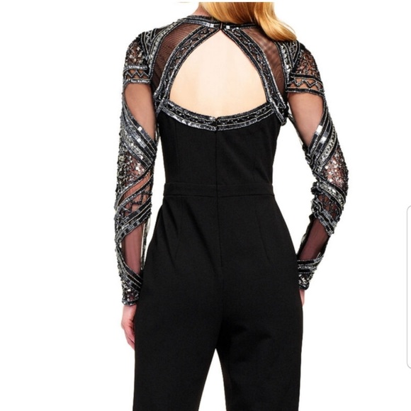 Aidan Mattox Long Sleeve Crepe Jumpsuit with Beaded Accents (Black) - Picture 2 of 9
